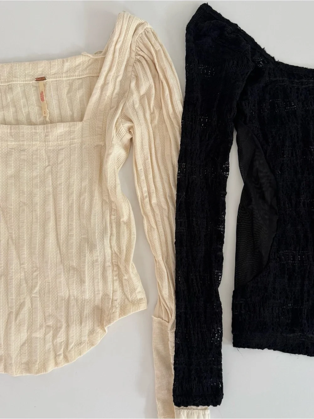 Cream and Black Ribbed Square-Neck Tops - Long Sleeve Duo